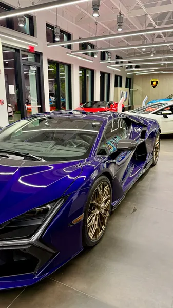 Front three-quarter view of a purple Lamborghini Revuelto with bronze wheels, detail and polish for Lamborghini Sarasota